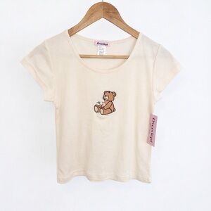 NWT Overslept Cream Embroidered Teddy Bear Baby Tee- Size Medium